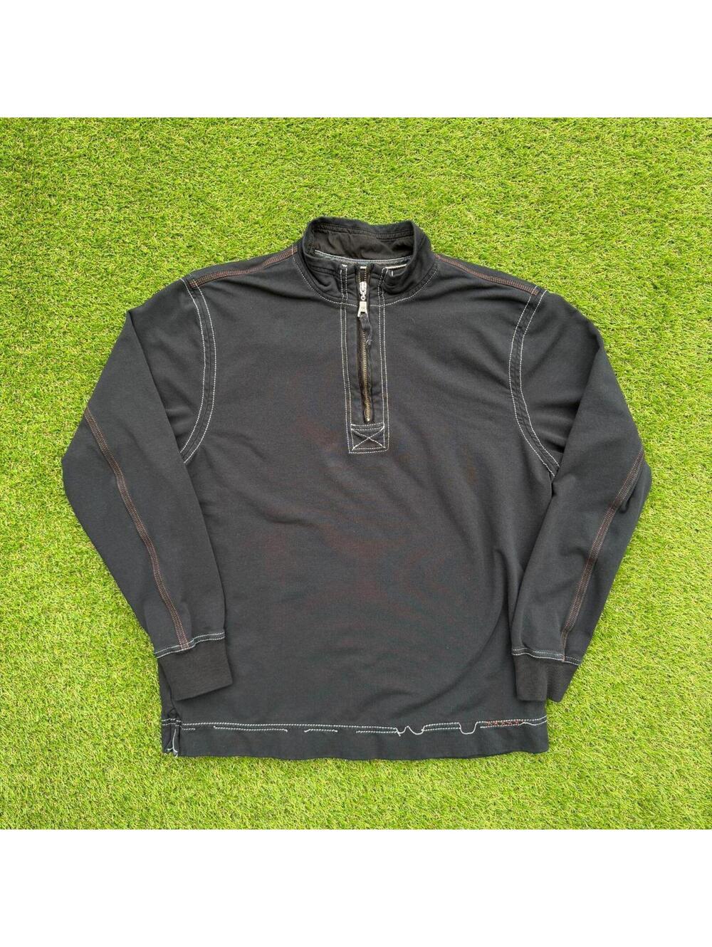 True Grit 1/4 Zip Pullover Mens L Black Contrast Stitch Cotton Sweatshirt